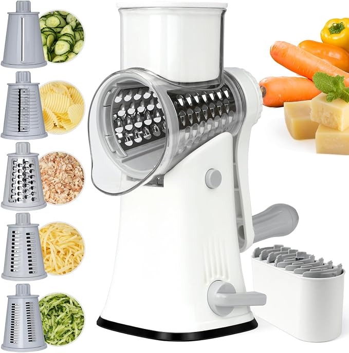 Rotary Cheese Grater Hand Crank with Reinforced Suction & 5 Blade | Strong Suction Base Stays Firm, 5 Interchangeable Blades, Great for Vegetables & Nuts, Mandoline Slicer for Kitchen, White