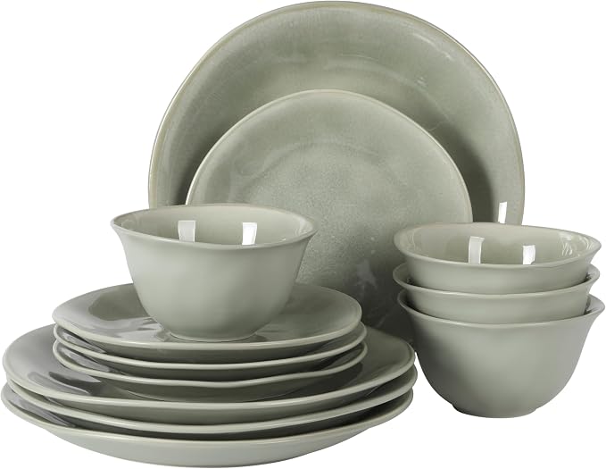 Gibson Elite Port Barton Plates and Bowls Sets, 12-Piece Stoneware Dinnerware Sets, Reactive Glaze Dish Set - Green