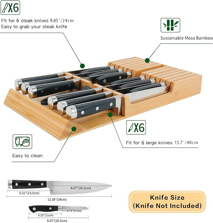 Utoplike In-Drawer Knife Block Bamboo Drawer Organizer, 12 Knives Holder | Steak Knife Holder, Fit 12 Knives, 1 Sharpening Steel (Knives & Sharpening Steel Not Included), Kitchen Drawer Organization