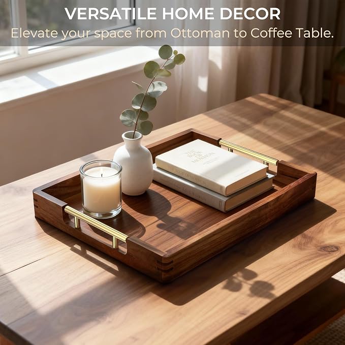 Acacia Wood Serving Tray with 2 Sets of Handles (Gold & Silver) - 17" Large Wooden Tray for Ottoman Coffee Table, Decorative Tray for Living Room & Kitchen - Solid Wood Table Topper
