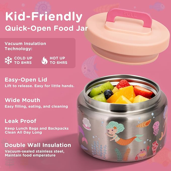 Kids Lunch Bento Box with 8oz Thermo/Ice Pack, BPA-Free, for School | Leak-proof Food Containers with 5 Compartment, Insulated Food Jar, Dishwasher Safe, Easy to Clean, Lunch Box for Girls Boys
