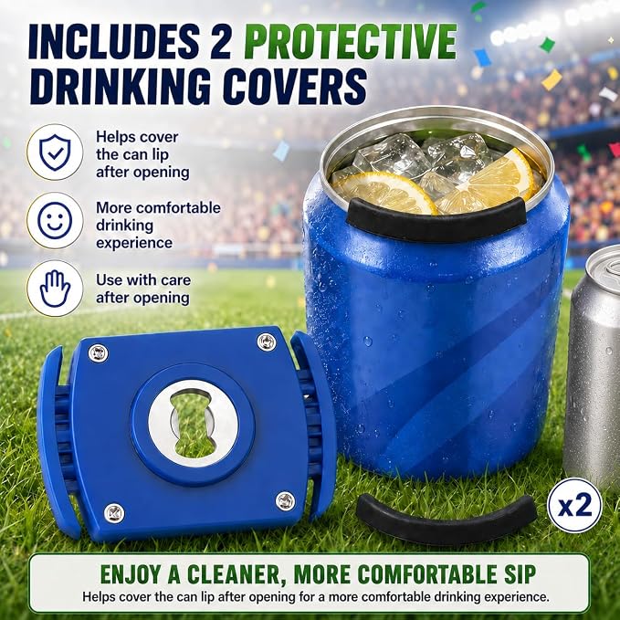 Aluminum Can Opener with Soft-Edge Lid Remover – Handheld Safety Manual Can Opener for 8-19 oz Beer & Soda Cans, Smooth Rim, No Sharp Edge, Blue – Household Bar Tool