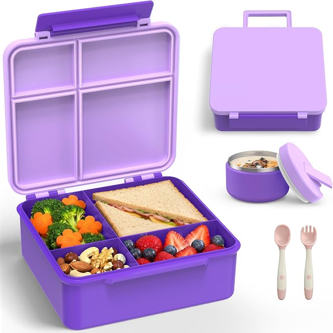 LOHASOK Bento Lunch Box for Kids with 8oz Soup Thermo, Purple | 4-Compartment, Leak-Proof Lunch Containers with Insulated Food Jar and Silicone Foldable Spoon Fork