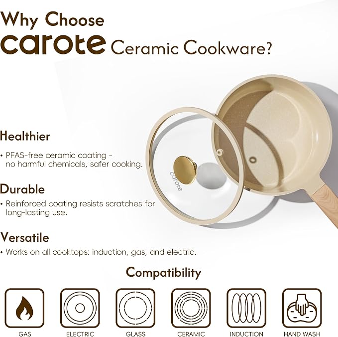 CAROTE Ceramic Nonstick 1.5Qt & 2.5Qt Sauce Pan Sets with Lid | Kitchen Non Toxic Cookware Set with Stay-cool Handle, All Stovetops Compatible, PFOA Free, Easy to Clean
