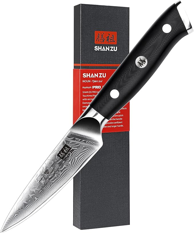 SHAN ZU 4 In Damascus Paring Knife, Professional Extra Sharp Kitchen Knife | Japanese High Carbon Super Steel Kitchen Knives Carving Knife with Gift Box