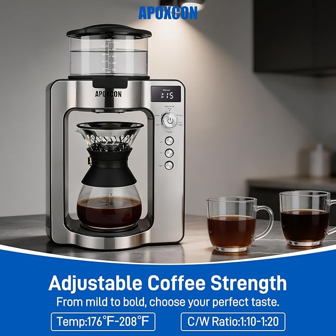 APOXCON Automatic Drip Coffee Maker for Coffee Enthusiasts -Pour Over Coffee Brewer with Programmable Timer, Hand Drip Simulation, Adjustable Strength, Built-in Scale, Glass Water Tank & Carafe
