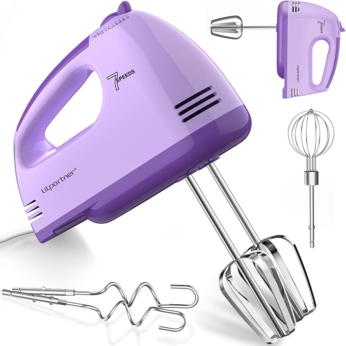 LILPARTNER Hand Mixer Electric, Ultra Power Kitchen Hand Mixer With 7-Speed & 5 Stainless Steel Accessories for Whipping Dough, Cream, Cake, Dishwasher Safe, Light Purple