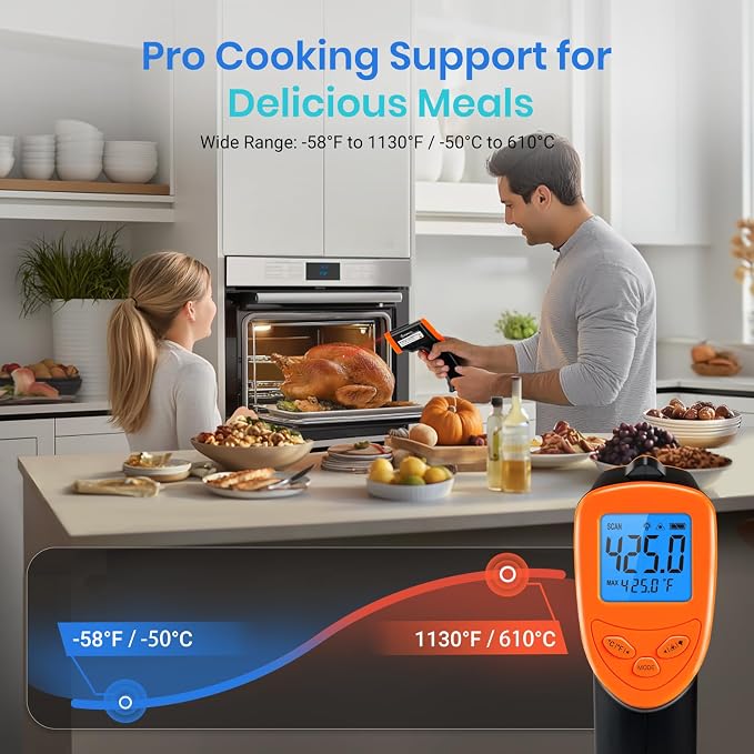 Etekcity Infrared Thermometer Laser Temperature Gun, -58°F~1130°F, Orange | Cooking, Pizza Oven, BBQ, Meat, Kitchen, Reptile, HVAC, Adjustable Emissivity, MAX Display, High Temperature