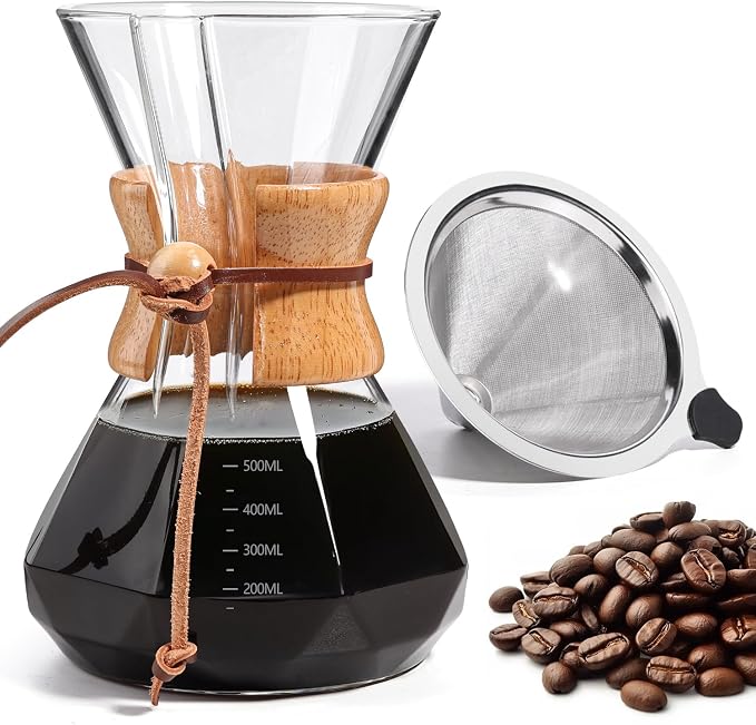 Pour Over Coffee Maker 20 OZ, 6 Cup Borosilicate Glass Drip Coffee Maker with Reusable Stainless Steel Filter and Cork Grip for Home Café 600 ML (Diamond Shape)