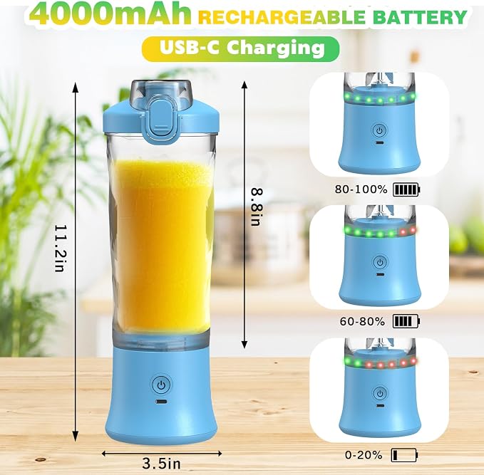 Portable Blender Personal Juicer for Shakes Smoothies with Insulated Sleeve | 20 Oz Electric Protein Shaker Bottle, Travel Lid, USB-C Rechargeable, Mini Small Cordless Blender Cup for Kitchen Travel Gym