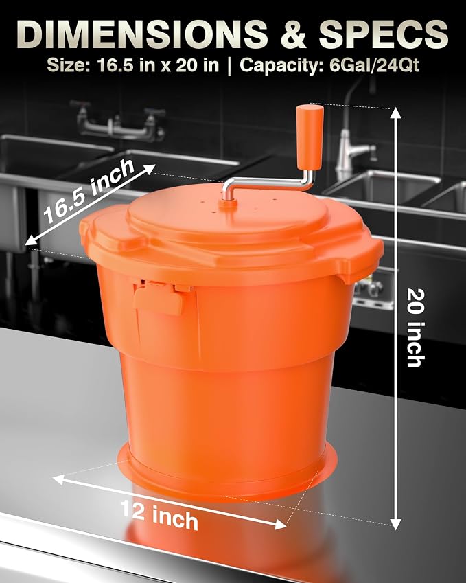 WantJoin Commercial Salad Spinner - [6 Gallon Salad Dryer] w/Silicone [Anti-slip Mat] & [Draining Hose], 24Qt Manual Salad Spinner for up to 7 Heads of Lettuce Spinner Large for Catering, Orange