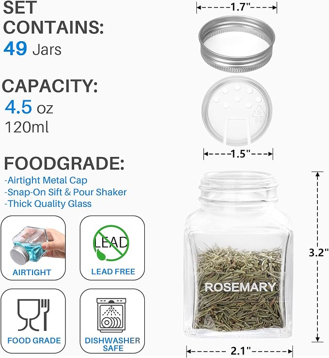 MIUKAA 49-Pack Cube Glass Spice Jars with 372 Labels, 49 Shakers, Lids, 4.5 oz Empty Square Spice Bottle, Reusable Clear Kitchen Spice Storage Containers