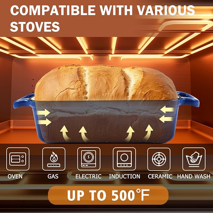 9 x 5 Inch Bread Pan Enameled Cast Iron Loaf Pan with Lid for Baking Blue | 2 in 1 Non-stick Sourdough Bread Loaf Pan for Homemade Bread, Oven & Stovetop Safe for Gas, Electric & Induction