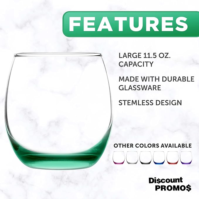 DISCOUNT PROMOS Mikonos Stemless Wine Glasses 11.5 oz. Set of 10, Bulk Pack - Restaurant Glassware, Perfect for Red Wine, White Wine, Cocktails - Green Bottom Color