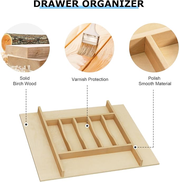 WelFurGeer Premium Wooden Silverware Organizer for Kitchen Drawers, Utensil Tray for Kitchen Drawer, Cutlery Drawer Organizer for Forks, Spoons, Knives - Sturdy Birchwood, Natural Finish