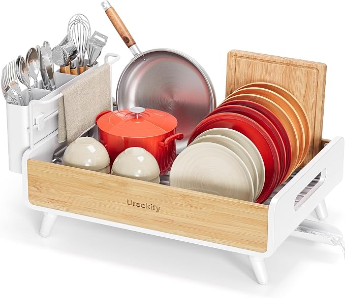 Urackify Modern Dish Rack for Kitchen Counter,Stainless Steel&Bamboo,White | Elegant Bamboo Accent, Large Capacity, Self-Draining Spout, Rust-Resistant, Removable Utensil Holder