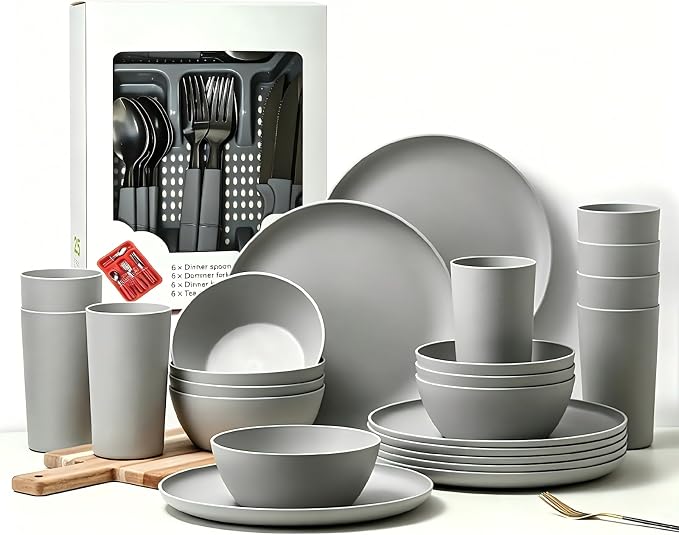 24pcs Matte Gray Dinnerware Set, Plates, Bowls & Cups, Unbreakable Dishes for 8, Reusable BPA‑Free Tableware, Dishwasher Safe for Kitchen, Party, Picnic & Camping, Bonus Cutlery Set Included