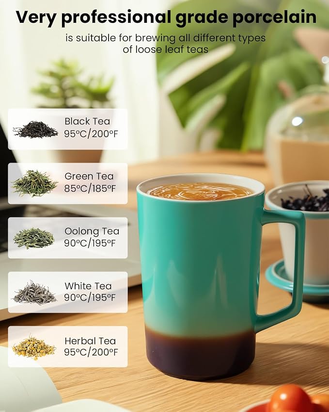 15 oz Ceramic Tea Infuser Cup with Lid - Tea Mug with All Porcelain Strainer for Loose Leaf Teas,Microwave and Dishwasher Safe,Metal-Free,BPA-Free for Tea Lovers/Birthday(Green)