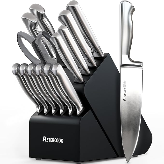 Astercook Knife Set 15 Piece German Steel Kitchen Knife Block Set | Wooden Block with Built-in Sharpener, One-Piece Design, Dishwasher Safe, Rust-Resistant, 6 Steak Knives, For Cooking & Gift