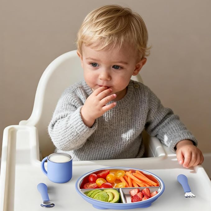 Bakpoco 8" Stainless Steel Toddler Plates with Suction, Divided Plates with Removable Silicone Sleeves for Baby, Non Toxic & BPA Free |Unbreakable |Dishwasher Safe Dinnerware Set of 3, Blue Gray Sage