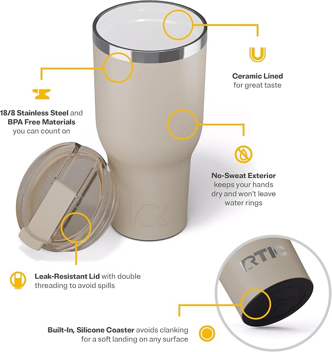 RTIC 40oz Essential Tumbler with Lid, Ceramic Lined, Beach | Insulated, Stainless Steel Metal, Portable Travel Cup for Hot and Cold Drinks, Coffee, Car, Camping and Travel