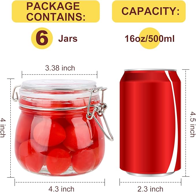 HINGWAH 16oz Glass Jars with Airtight Lids, 6 Pack Mason Jars | Wide Mouth Jars with Clamp Lids, Glass Storage Containers with Lids for Pickling, Coffee, Herb, Spice, Sugar, Kitchen Storage