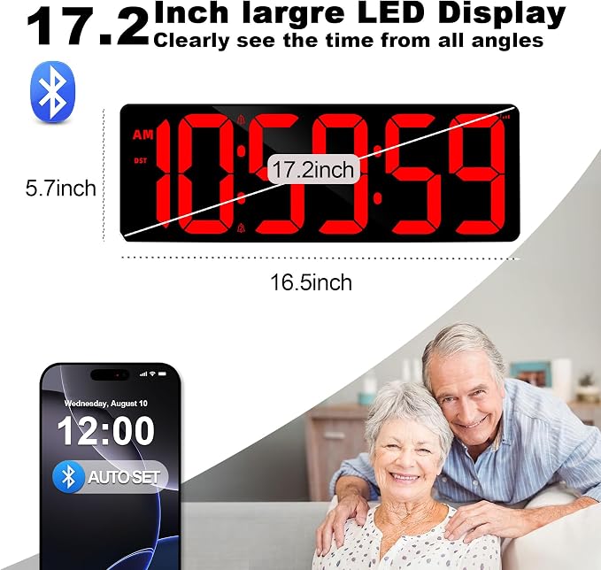 17.2" Bluetooth Digital Wall Clock with Seconds, Large Countdown Timer for Classroom Home Gym Kitchen Office, Alarm Clock with Remote Control, 4 Dimmable Brightness, Auto DST (Red)