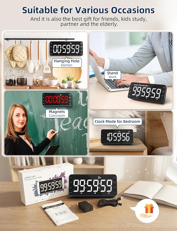 Large 7.8" Digital Timer with LED Display, Magnetic for Kitchen & Classroom | USB-C Rechargeable Timer with 99-Hour Count Up & Countdown, 3 Brightness Levels, 5 Alarm Sounds, 4 Volume Levels for Study