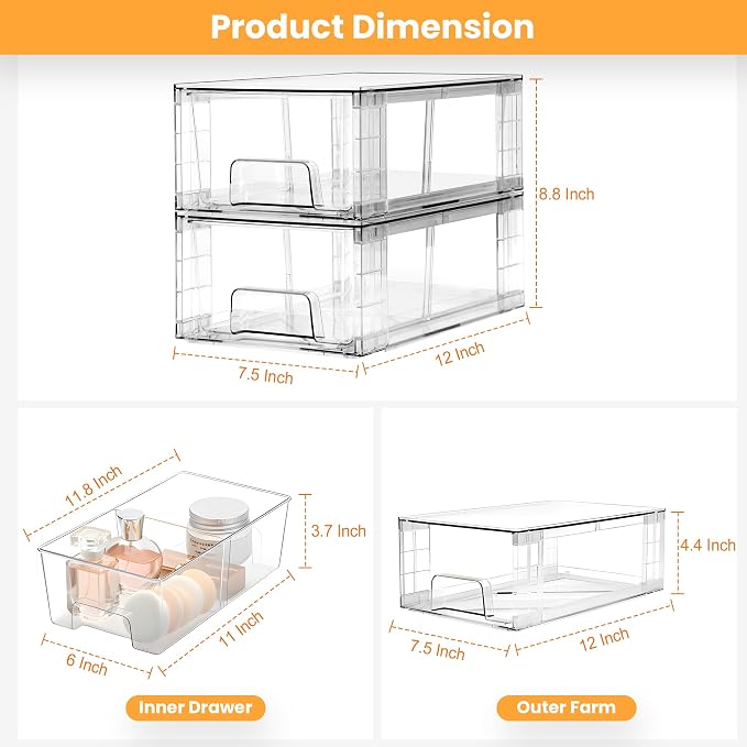 4 Pack Stackable Storage Drawers with Handles, Easy Assembly Clear Acrylic Fridge Organizer, Refrigerator Organizers and Storage for Kitchen, Under Sink, Pantry, Bathroom