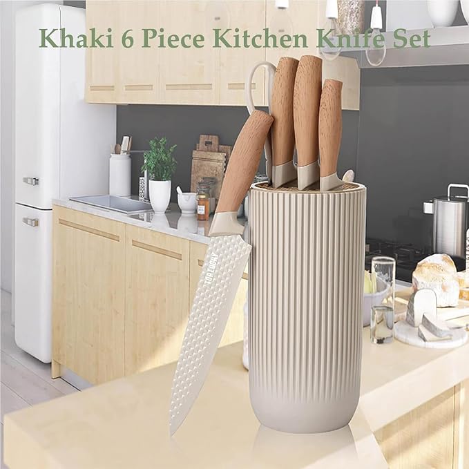 Kitchen Knife Set, Retrosohoo 6-Pieces Khaki Sharp Knife Block Sets for Kitchen, Non-stick Non-slip Stainless Steel Chef knives with Universal Block Suitable for Home Restaurant (Khaki)