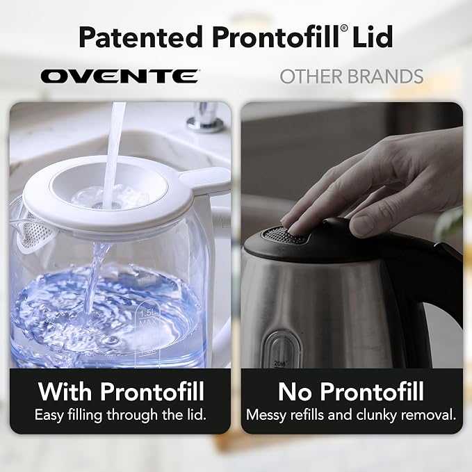 OVENTE 1.5L Glass Electric Kettle Water Boiler, White KG516W | 1500W Fast Boiling, Easy Fill Lid, Stainless Steel Filter, LED Indicator, Auto Shut-Off, Boil-Dry Protection, 360° Base