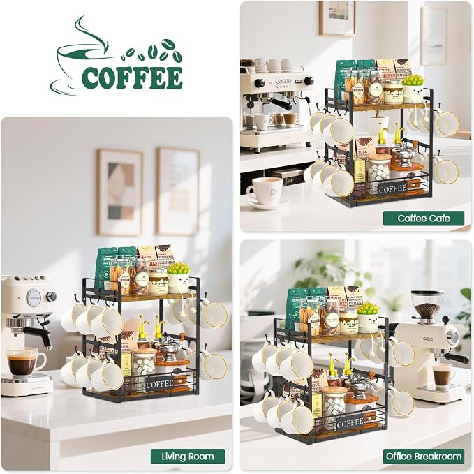 EsLuker.ly Coffee Mug Cup Holder Tree Bar Station Organizer, 2 Tier | Mug Stand Rack for Countertop Kitchen, Storage Tower Display Shelf with 12 Hooks, Coffee Nook Enhancer