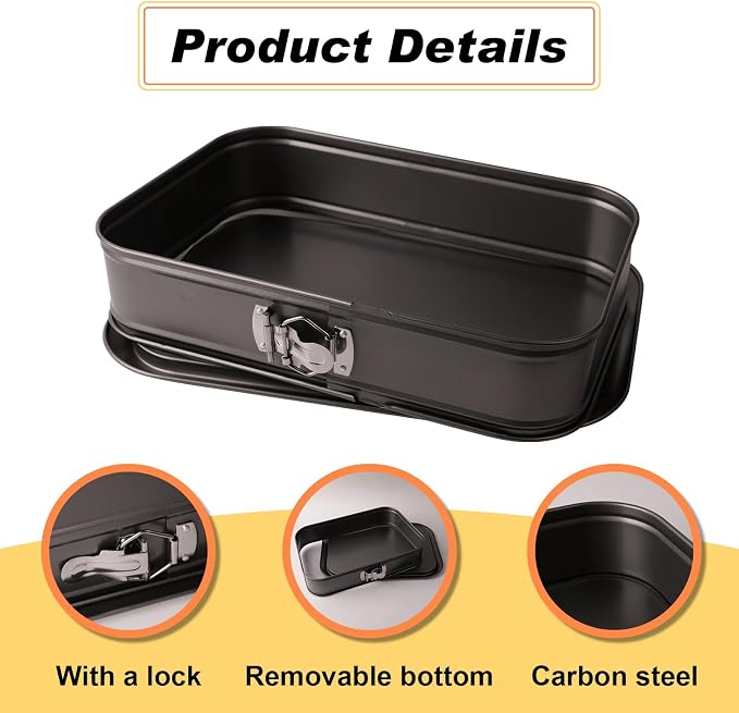 2PCS Rectangle Springform Pan for Baking, 14 x 9 Inch Non-Stick Carbon Steel Cheesecake Pan with Removable Bottom, Large Rectangular Cake Pan for Tiramisu, Lasagna and Party Cakes