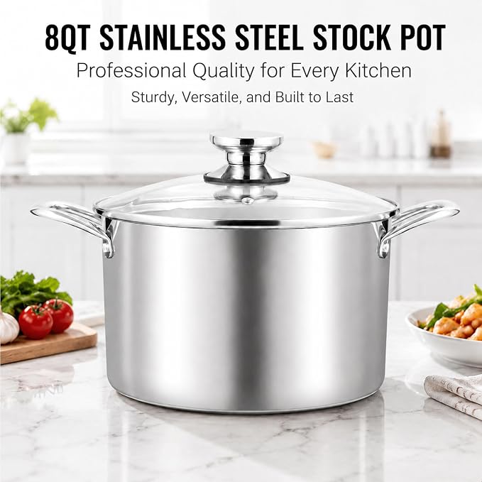 TeamFar 8 Quart Stock Pot, Tri-Ply Stainless Steel Pasta Pot with Lid | Cooking Broiling Eggs Veggies Soup, Tempered Glass Lid & Double Side Riveted Handles, Healthy & Heavy Duty, Dishwasher Safe