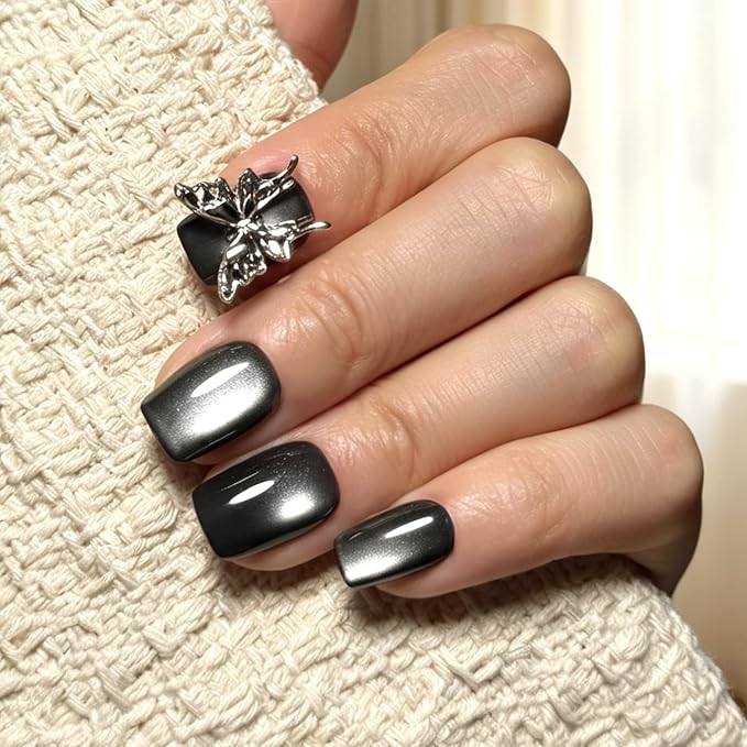 6 Packs (144 Pcs) | Reusable Press on Nails | cute nails | 6-Style Bundle | 12 Sizes | Each Style 24 Pcs | 3D Silver Butterfly Charms