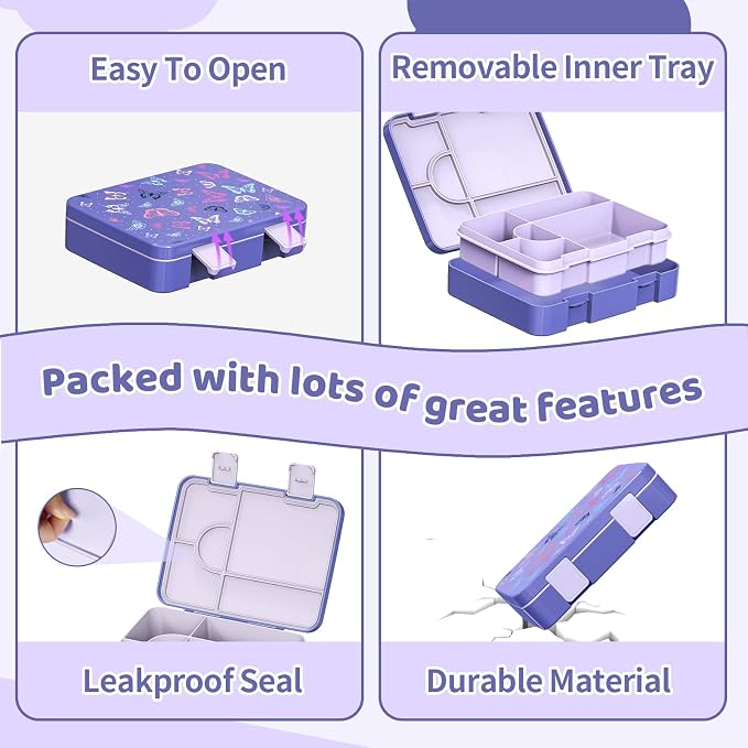 Bento Lunch Box for Kids, Leak-Proof 5-Compartment Cute Lunchbox for Boys Girls, Drop-Proof, Food Container Microwave & Dishwasher Safe, Back to School Supplies for Ages 3 to 7, Purple/Butterfly
