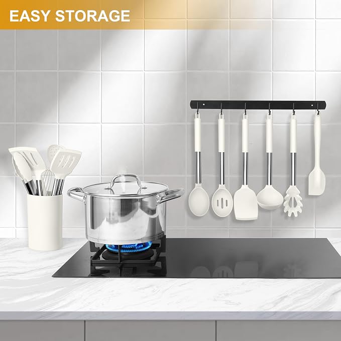 LIANYU 15 Pcs Cooking Kitchen Utensils Set with Stainless Steel Handle | Silicone Kitchen Gadgets with Holder, Heat Resistant Spatula Tools, Brush Spoon Tong Whisk Ladle Turner for Cookware, White