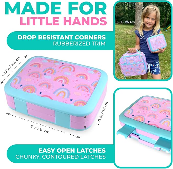 kinsho Kids Bento Lunch Box Set with Thermo, Bag & Ice Pack Purple Rainbow | 4 Compartment Container, Stainless Steel Food Jar for Hot Soup, Snacks, Daycare or School Lunches for Toddlers & Small Girls
