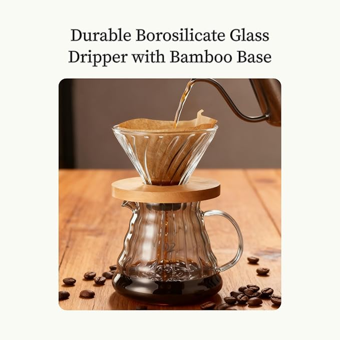 Pour Over Coffee Maker Set, 20oz Borosilicate Glass Carafe with Bamboo Base & Spiral Stand, V-Shaped Glass Dripper, 100 Paper Filters, Plastic-Free Manual Coffee Brewer for Home & Outdoor
