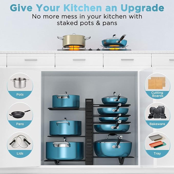 Pots and Pans Organizer Under Cabinet 16.6" 8-Tier Adjustable 2-Pack | 3 DIY Modes, Tool-Free Assembly, Non-Slip, Fits Lightweight Pots Up to 11", For Kitchen Cabinets, Shelves & Countertops