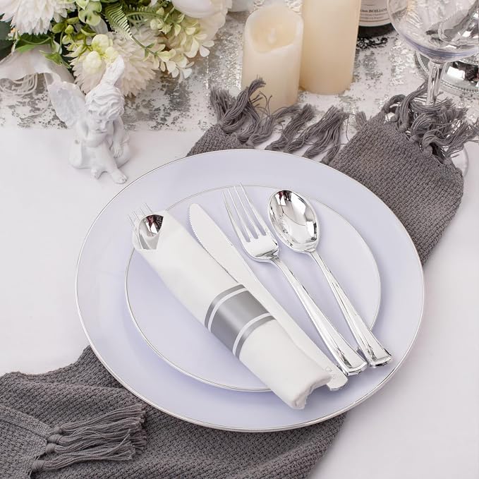 120 Pack Silver Plastic Silverware Wrapped Cutlery Set with Napkin | Heavy Duty Pre Rolled Disposable Silver Cutlery Wrapped Plastic Utensils for Wedding, Birthday, Party & Catering