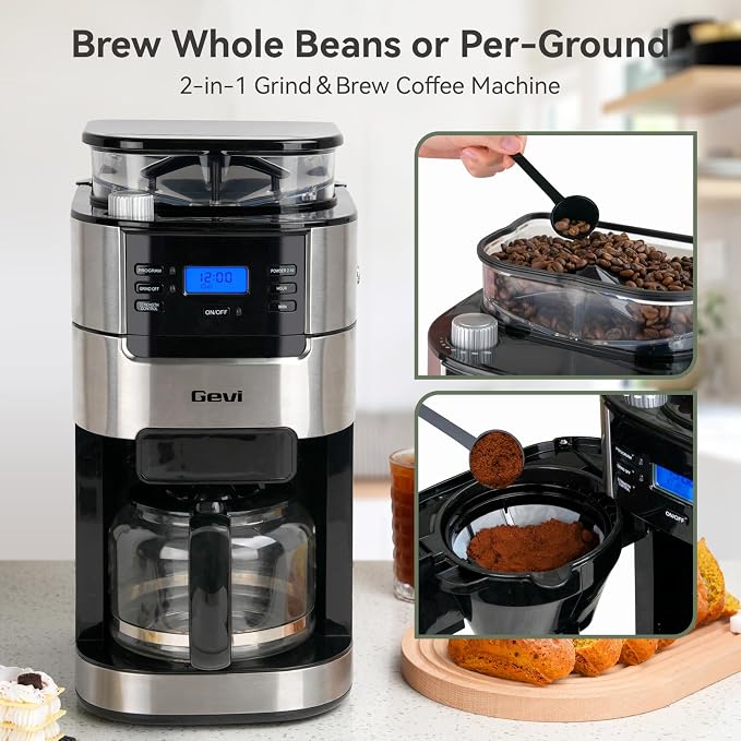 Gevi All In One 10-Cup Grind & Brew Coffee Maker with Built-In Burr Grinder | 24-Hour Programmable Timer, 1.5L Water Tank, Warm Plate, Reusable Filter & Glass Carafe for Daily Fresh Coffee Brewing