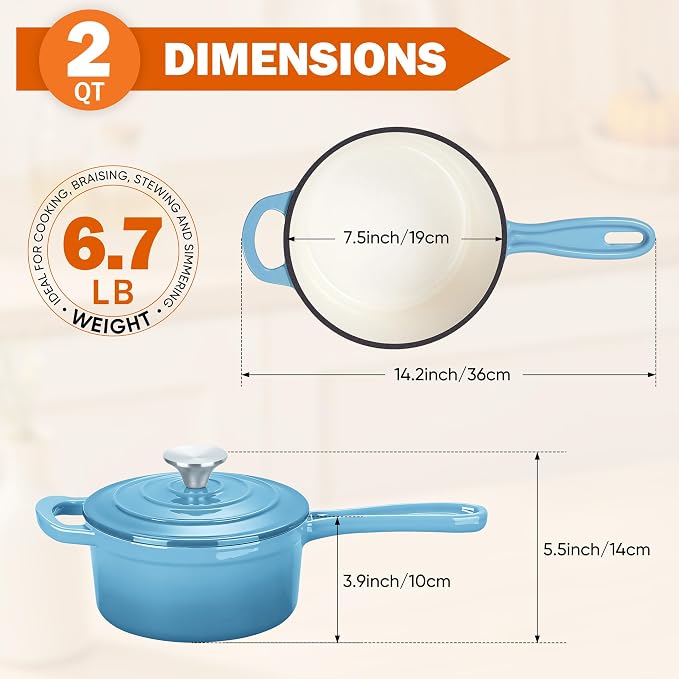 Homikit Small Cast Iron Pot, 2 QT Enameled Cast Iron Sauce Pan with Lid, Heavy Duty Enamel Dutch Oven Kitchen Cookware for Making Pasta, Boiling Soup, Warming Milk, Nonstick & Oven Safe, Sky Blue