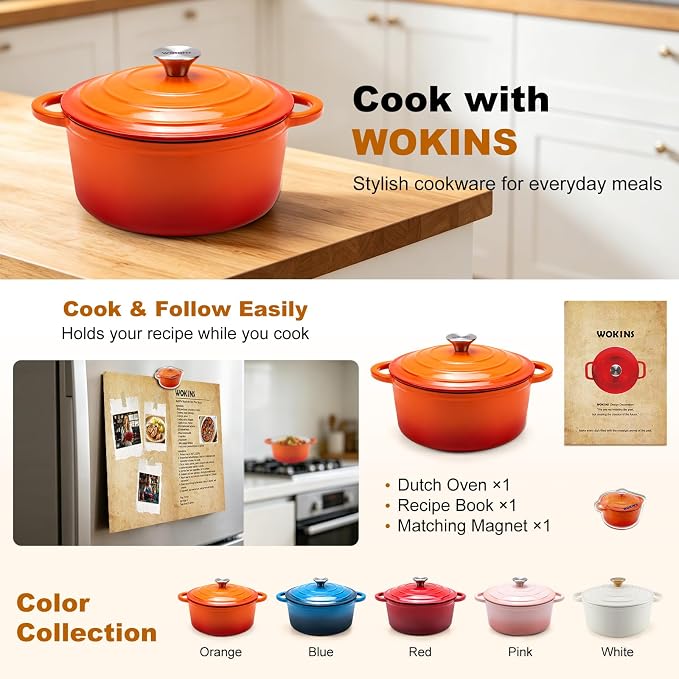 7-QT Enameled Cast Iron Round Dutch Oven With Lid,Oven safe,Orange | Large enameled cast iron Dutch oven,Retains moisture,PFAS-free,500°F,sourdough,braising/stews/roasting,Housewarming Gift