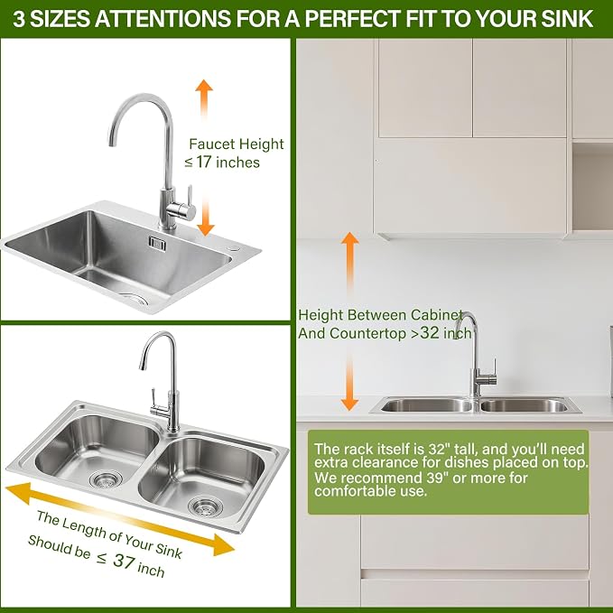 Over The Sink Dish Drainer Drying Rack 3 Tier, Full Stainless Steel Dish Drying Rack Adjustable Length 20.9''-37.4'' , Kitchen Sink Shelf, Organized Space-Saving Dish Rack with Pots and Pans Rack