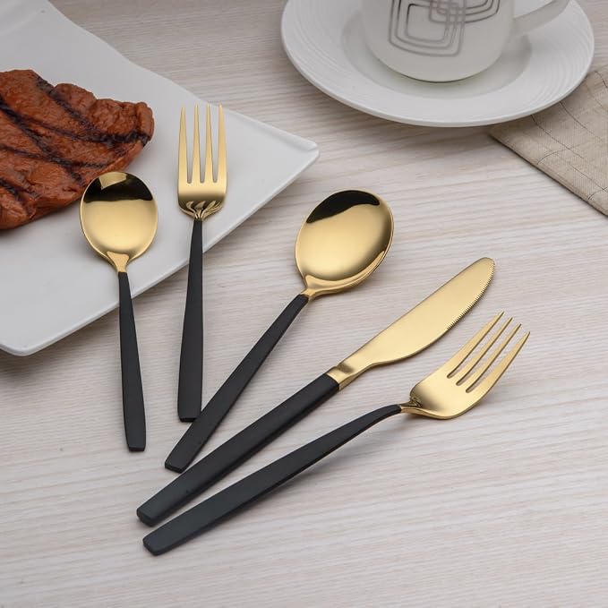 Berglander 20 Piece Titanium Black And Golden Plated Stainless Steel Flatware Set, Handle With Mouth Silverware Set And Cutlery Set Service for 4 (Shiny Black,Shiny Golden)