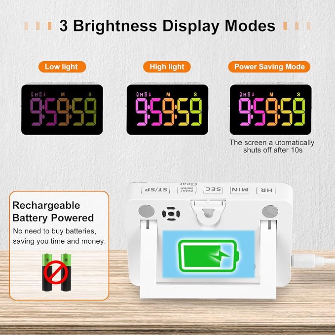PERSUPER Kitchen Digital Timer, Count Down Up, Rechargeable, Vibration Mode | Adjustable Volume and Brightness LED Display, Time Management Cook, Desk, Kids Adults Study Teaching, Kitchen Gadgets RGB ﻿