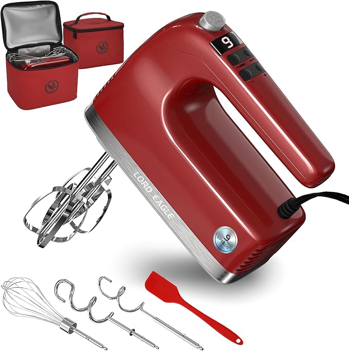 Lord Eagle 9-Speed Digital Hand Mixer Electric Handheld, 500W DC Motor | Kitchen Mixer for Cake Baking, Lightweight Egg Beaters with Stain-resistant & Waterproof Storage Bag & 6 Accessories, Red