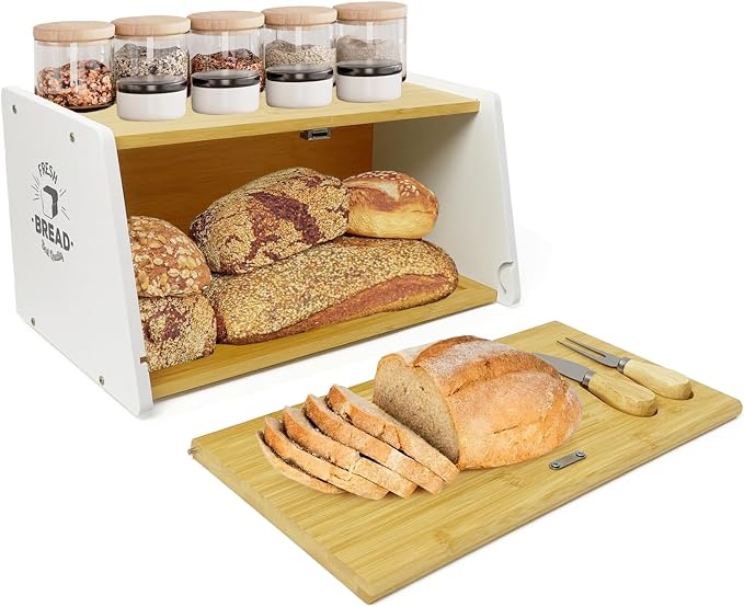 MinBoo Bamboo Bread Box for Kitchen Countertop with Cutting Board & Knife, Bread Storage Container Bin, Bread Container for Homemade Bread Wooden Bread Storage Capacity