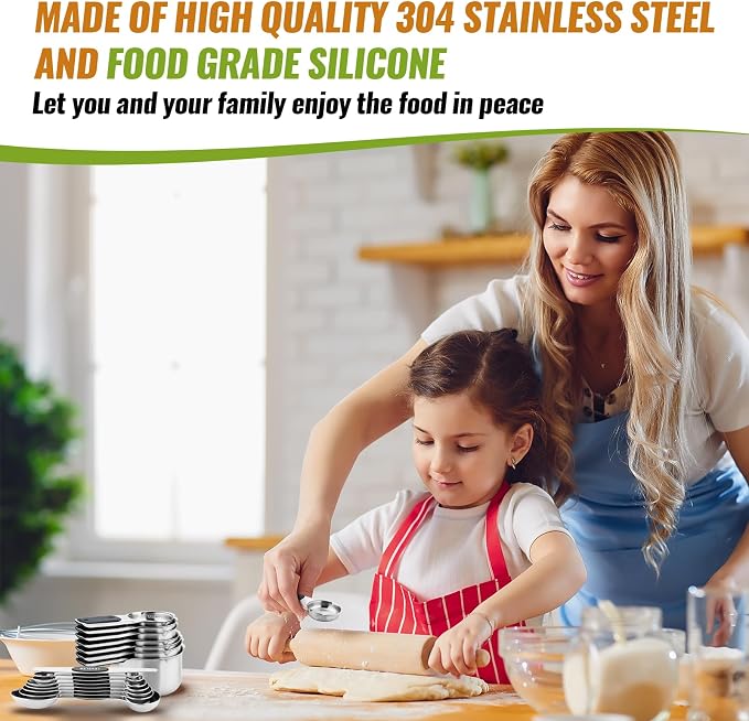 Magnetic Measuring Cups & Spoons Set of 15 | BPA Free,Heavy Duty 304 Stainless Steel,Strong N52 Magnets,Dishwasher Safe with Leveler for Baking and Cooking